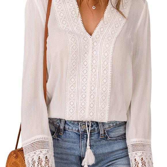 Boho Lace Applique White Blouse - Picture 6 of 10